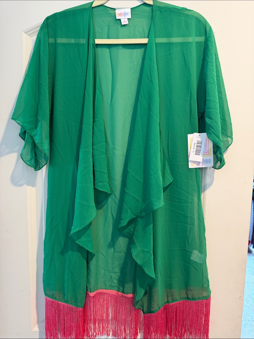 LuLaRoe Green Open Front Tunic with Pink Fringe